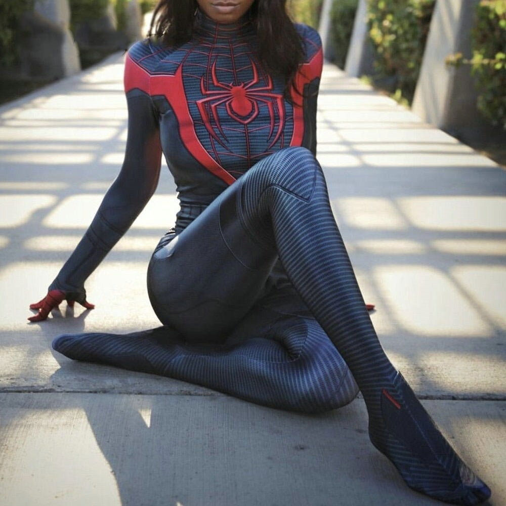 Fantasia Homem-Aranha Miles Morales Clássico Feminina Luxo Traje Profissional Cosplay Mulheres